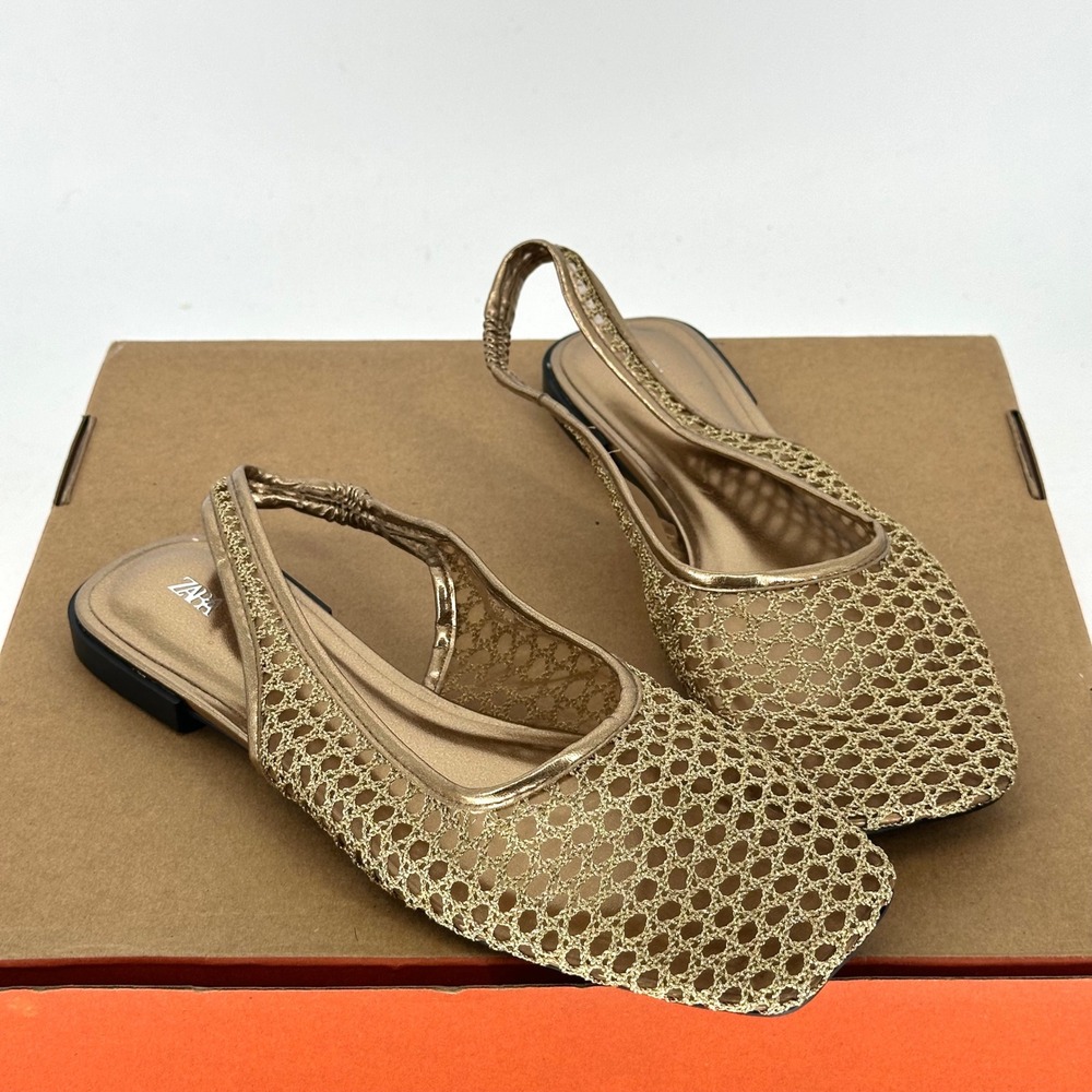Zara Gold Metallic Braided Woven Effect Slingback Flats Fishnet Square Toe 40